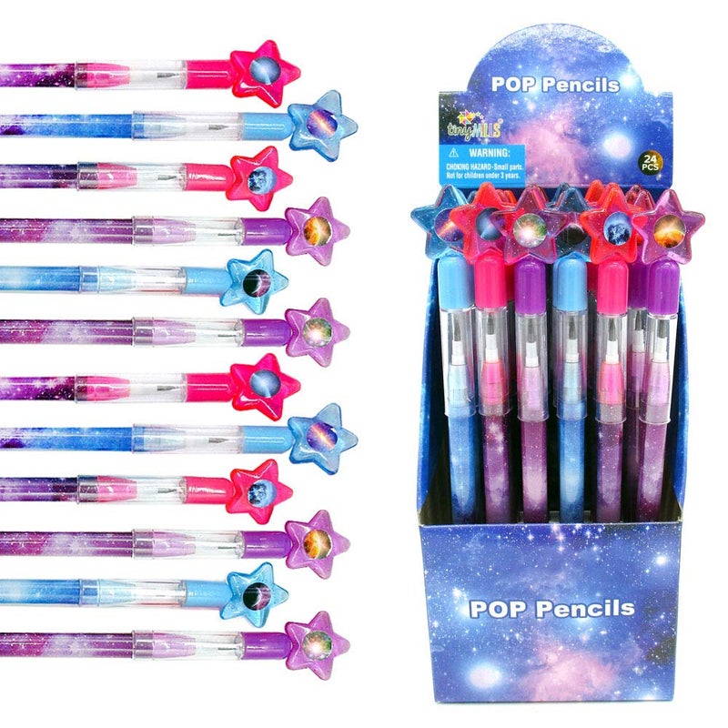 TINYMILLS Tiny Mills 24 Pcs Galaxy Outer Space Multi Point Stackable Pencil with Eraser for Outer Space Galaxy Birthday Party Favor Prize Carnival Goodie Bag Stuffers Classroom Rewards - Image 1